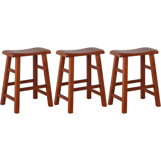 Heavy-Duty Solid Wood Saddle Seat Kitchen Counter Height Barstools, 24 Inches, Dark Oak, Set of 3