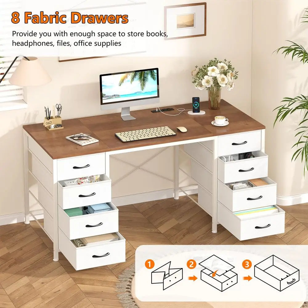 L Shaped Computer Desk with 8 Drawers and Power Outlets for Home Office