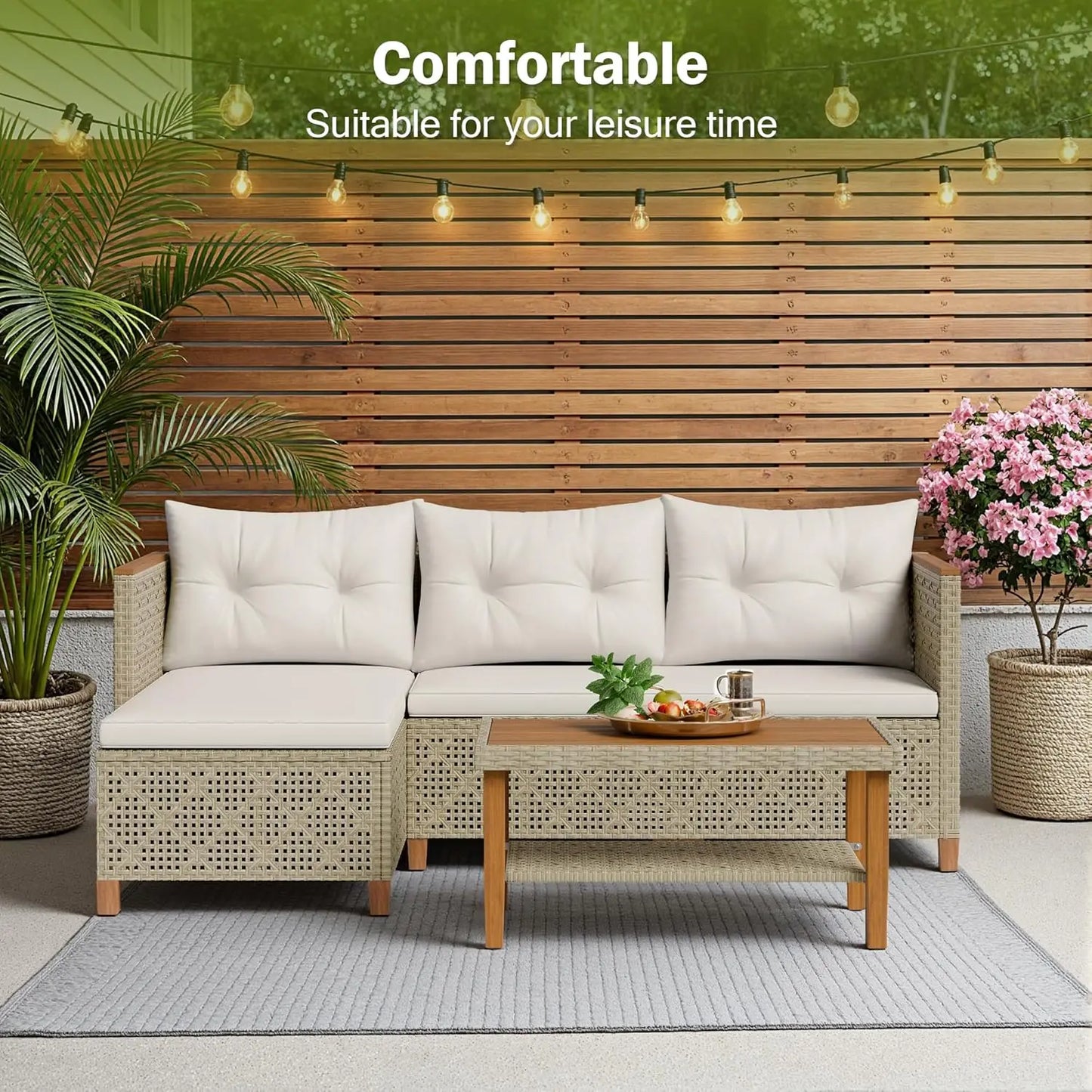 3 Piece Outdoor Sectional Sofa Set Hollow Rattan Patio Seating with Coffee Table & Ottoman for Deck Porch Poolside, Customized