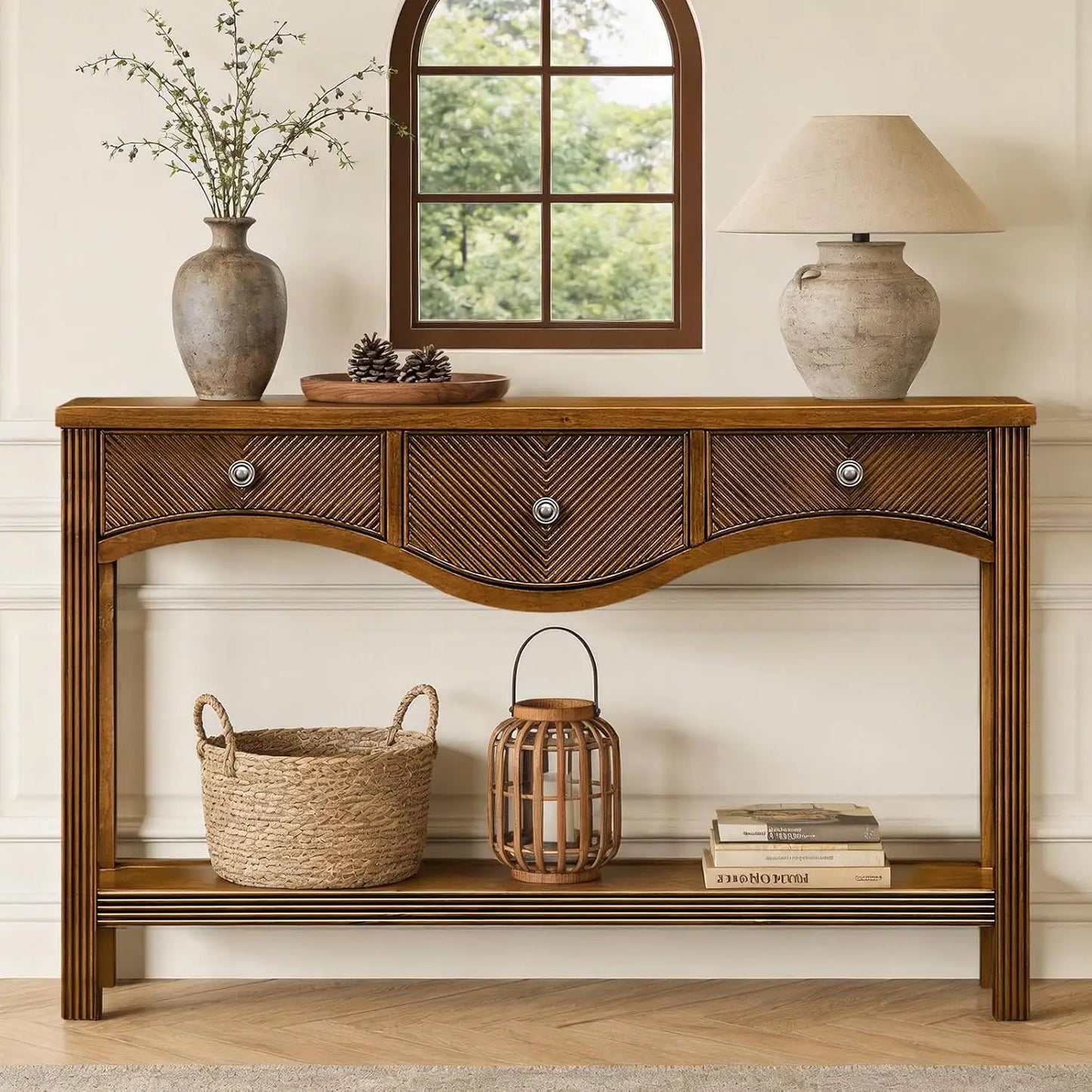 52" Fluted Solid Wood Veneer Console Table with 3 Drawers, Retro Entryway Sofa Table with Scalloped Edge & Solid, Customized