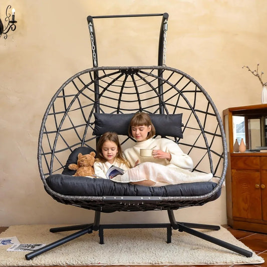 Dark Grey Double Egg Swing Chair w/Stand,2 Person Outdoor Indoor Hammock Hanging Chair with Cushion for Patio Living Room - Best
