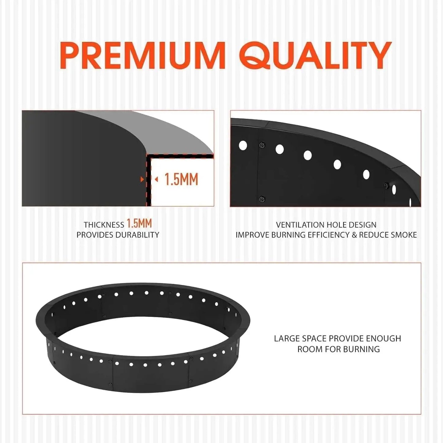 Round Fire Pit Ring 48/60 Inch, Carbon Steel Outdoor Campfire Ring With Vent Holes For Firewood Garden Patio Camping