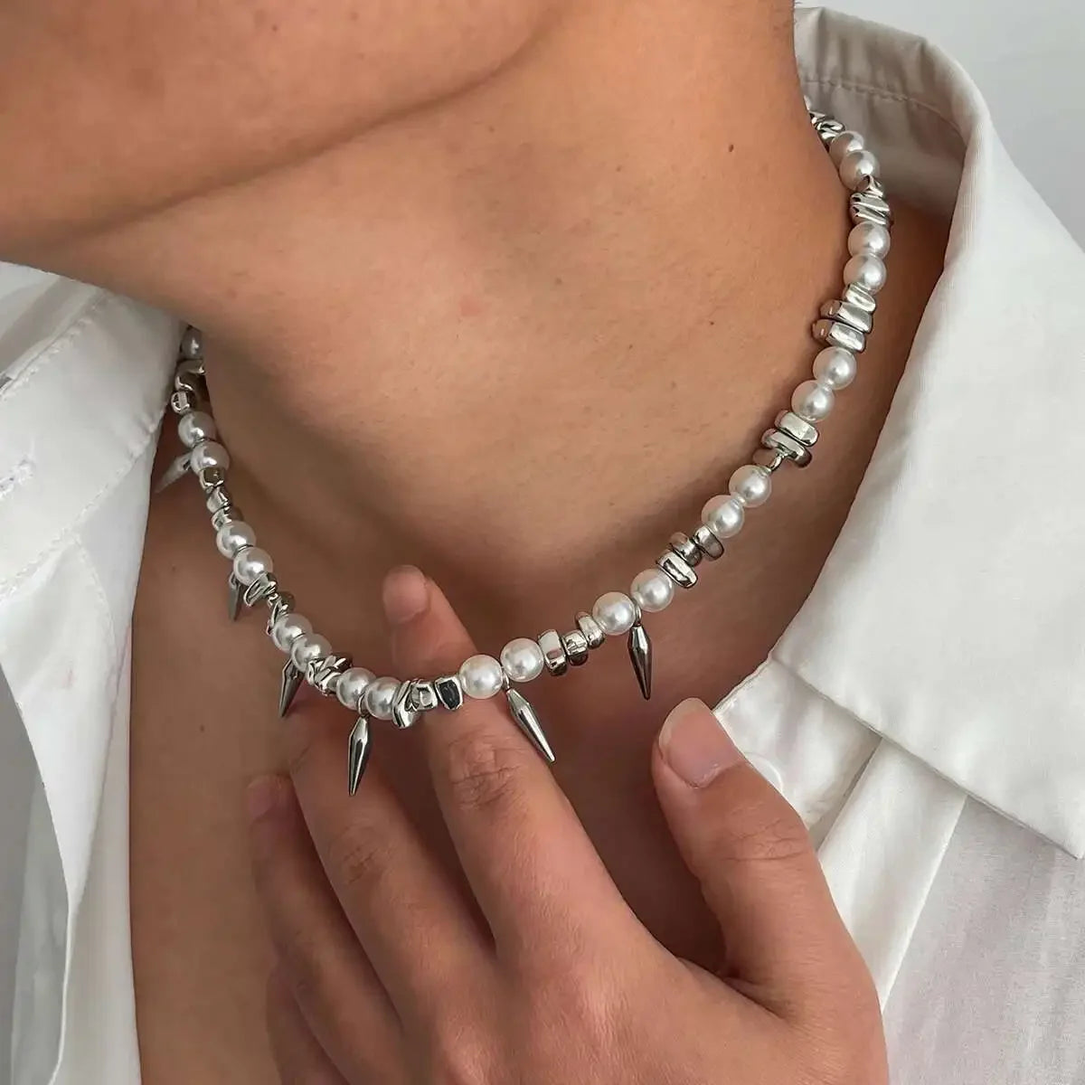 Ingemark Hip Hop Stainless Steel Imitation Pearl Chain Necklace for Men Trend 2025 Goth Rivet Pendant Choker Grunge Jewelry Gift
