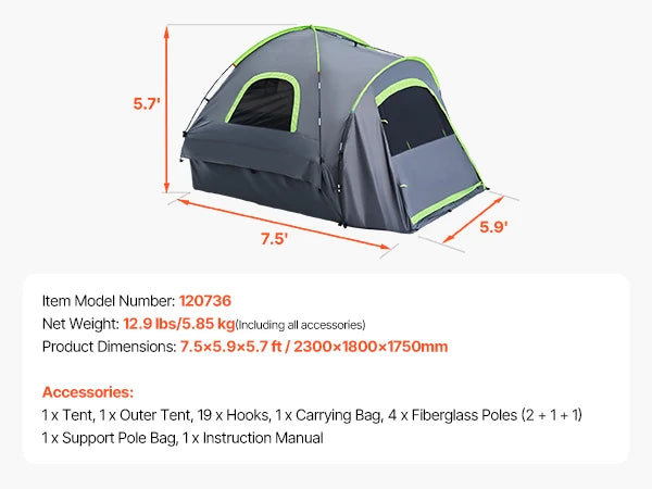 SucceBuy Pickup Truck Tent for Camping, Waterproof PU2000 Truck Bed Camper Shell Truck Bed Tent with Double Layer Design Windows