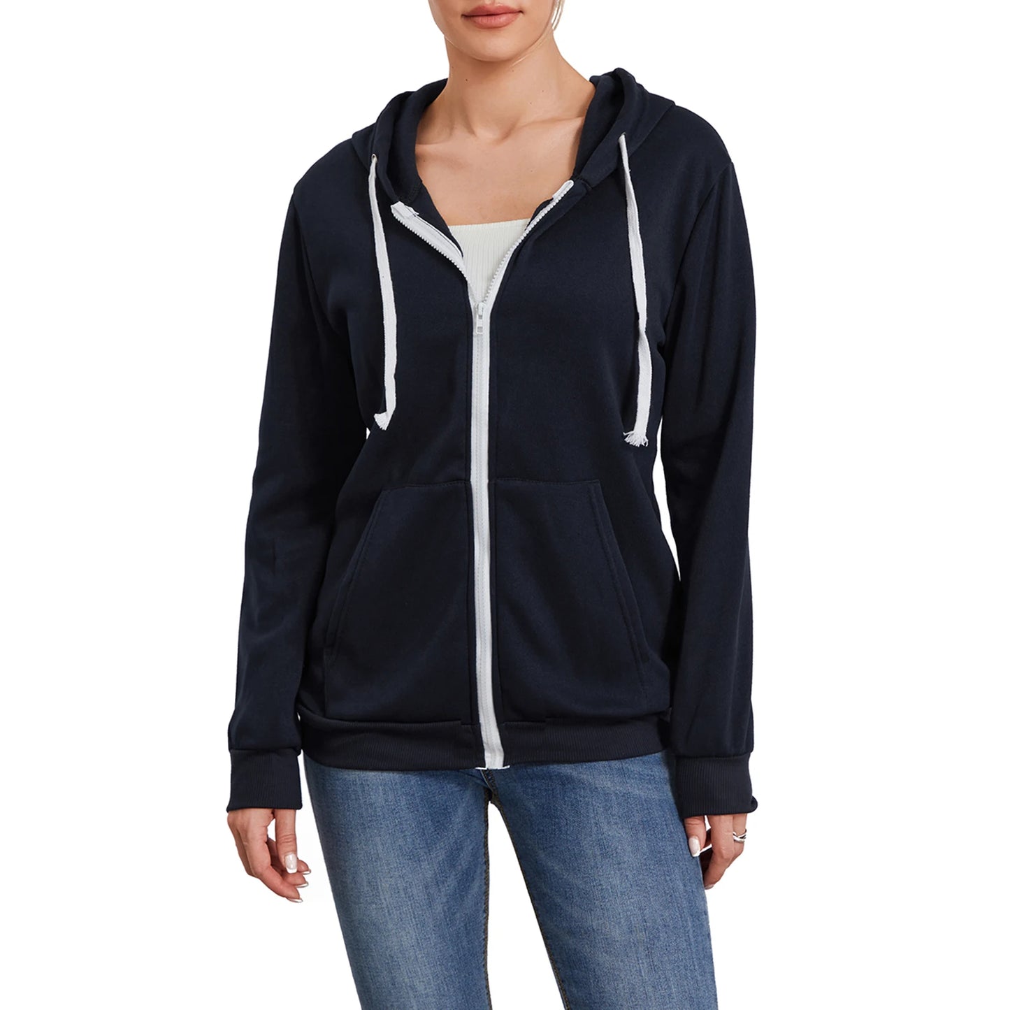 Women s Zip Up Hoodies Long Sleeve Solid Color Classic Fit Sweatshirts Jackets Streetwear Tops