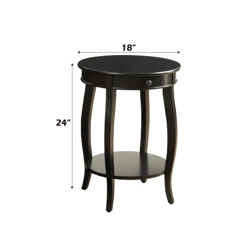 Black Finish Round Accent Table with Drawer and Open Bottom Shelf