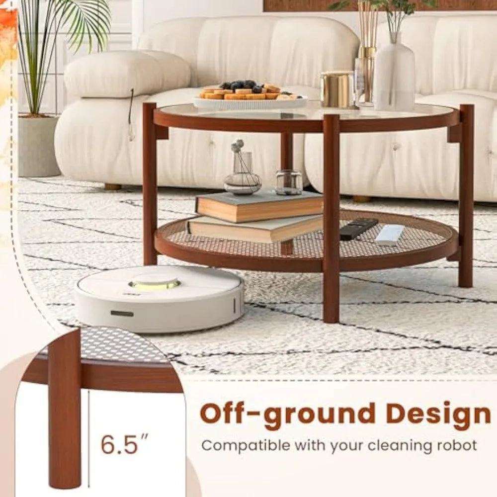 Rattan Coffee Table, Boho Round Glass Tea Table with PE Rattan Storage Shelf & Wood Frame, 2 Tier Accent Center Table for Livin