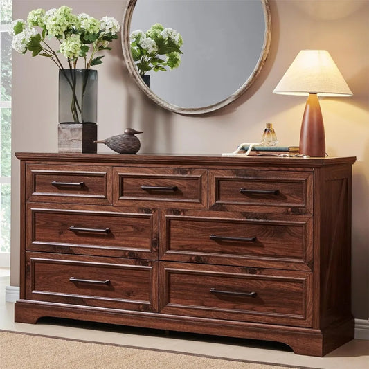 7 Drawer Dresser, Farmhouse Chest of Drawers for Bedroom, 52" Wide Kids Dresser TV Stand with Large Metal Handles, Wood Drawer O