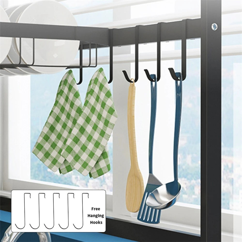 Dish Drying Rack - Over The Sink Dish Drainer Drying Rack with Utensil & Knife Holder, Hooks, Stainless Steel Kitchen Organizers