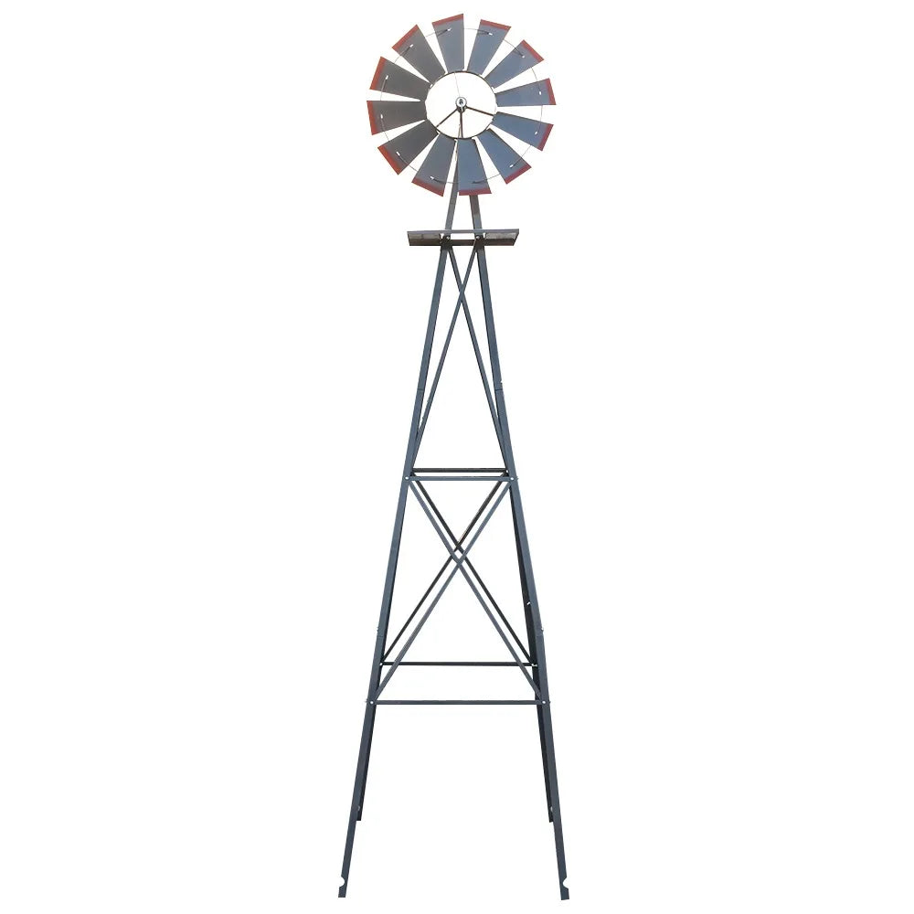 8FT Weather Resistant Yard Garden Windmill Gray & Red  Garden Decoration Outdoor  Patio Decoration