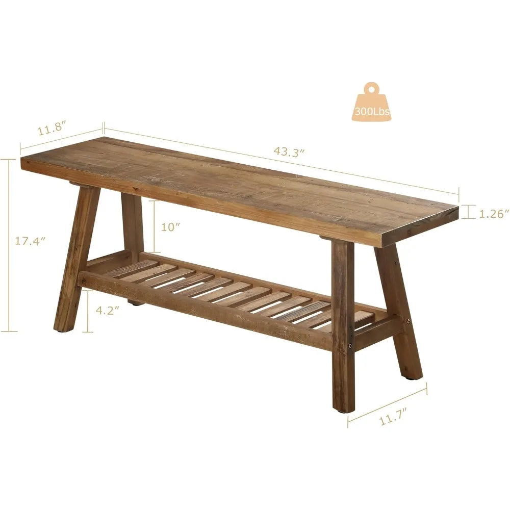 Rustic Farmhouse-Style Solid Wood Bench with Storage, 43.3 Narrow Entryway Furniture for Hallway, Kitchen, and Bedroom