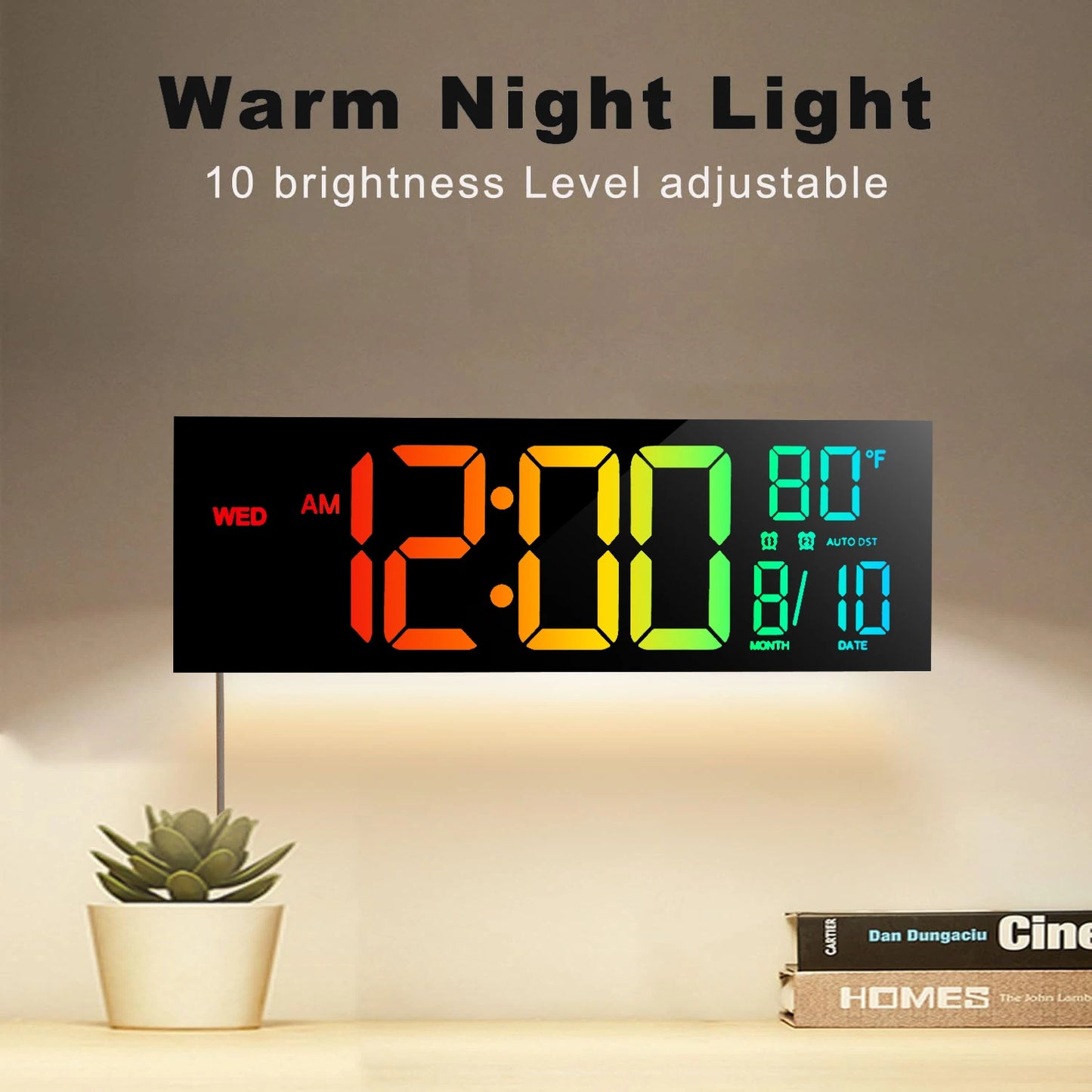 16" Large Digital Wall Clock, Big LED Display with Remote, 8 RGB Color, Alarm, DST, Temperature for Living Room, Kitchen