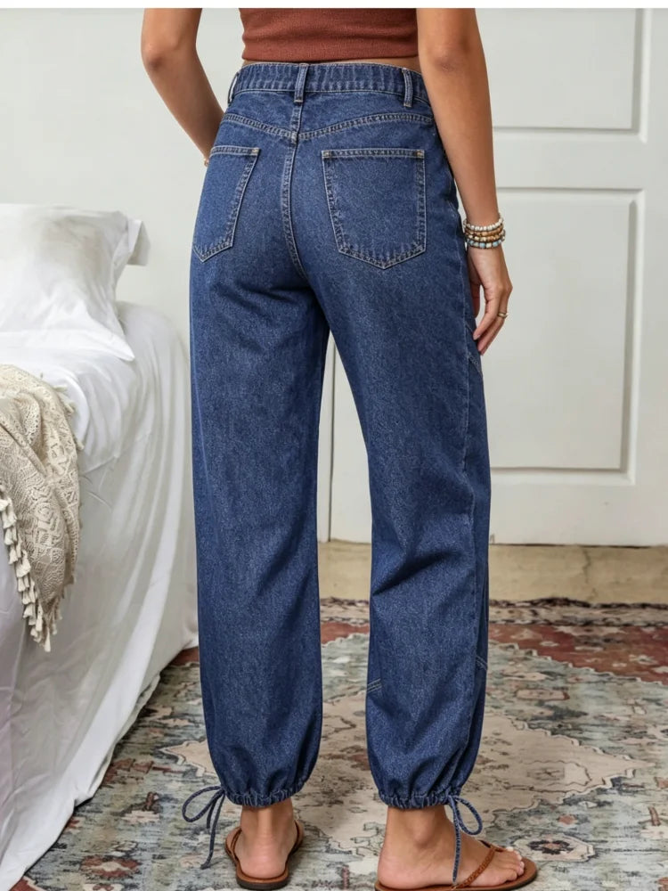 2026 new style women's work pants, soft washed high-waist stitched drawstring denim fabric, geometric stitching design, ankle tie cuffs, plus size available, warehouse delivery, fast shipping. Retro western bohemian style, su