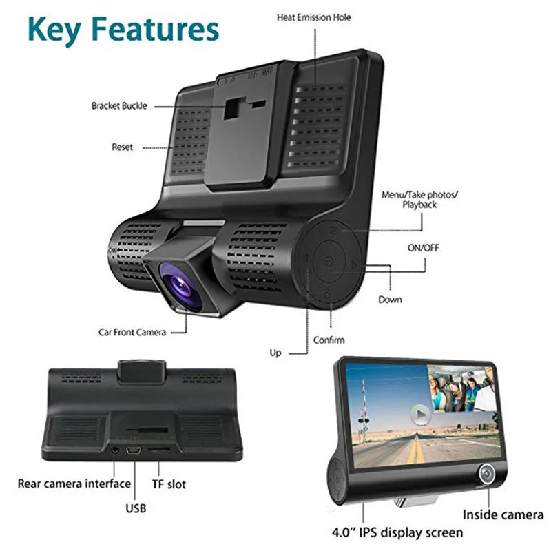 4.0-Inch 1080P HD Night Vision Dash Recorder 3 Camera Cycle Recording Can Record Three Viewing Angles At The Same Time