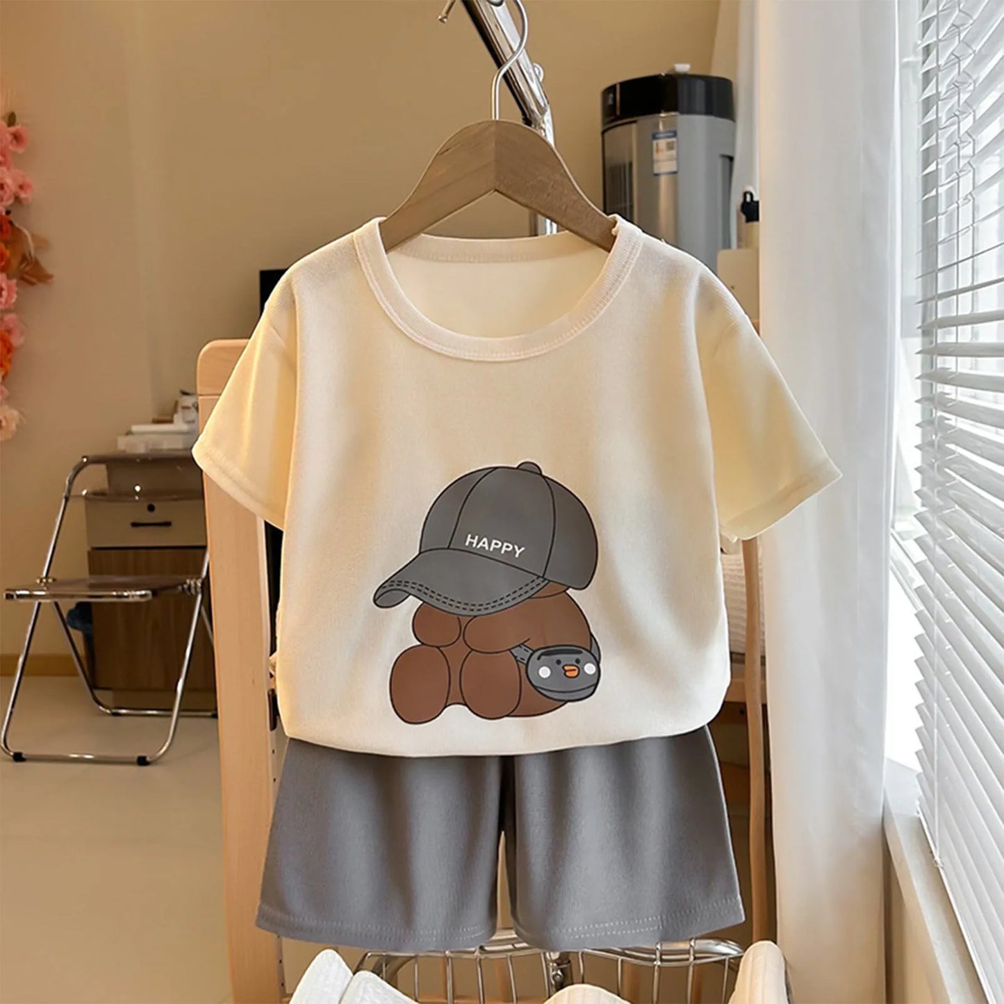Children Boys 2pcs Tracksuits Cotton Bear Printed Short Sleeves+Shorts Kids Boys Outfits Loose Round Collar Little Boys Tee Suit