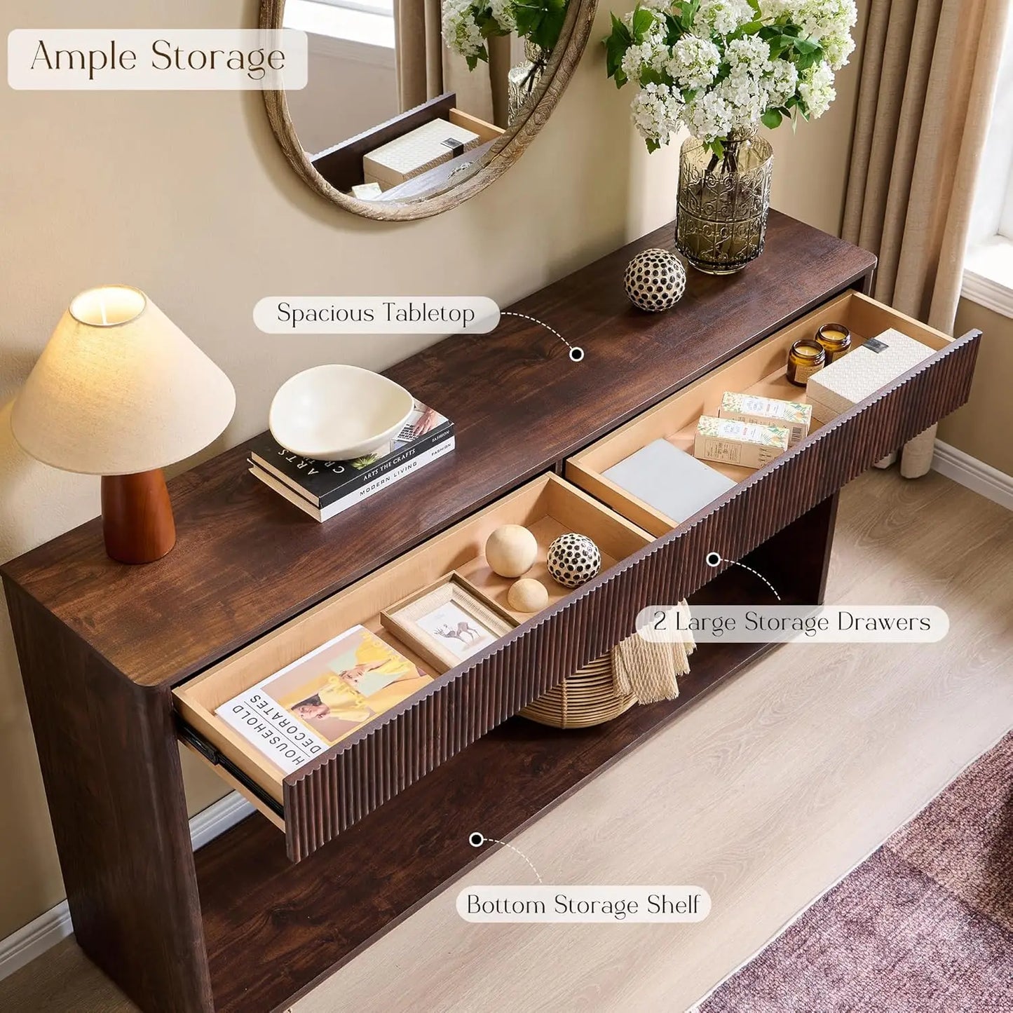63" Fluted Console Table with 2 Large Drawers Long Entryway Sofa Table for Living Room Hallway Foyer Dark Walnut, Customized