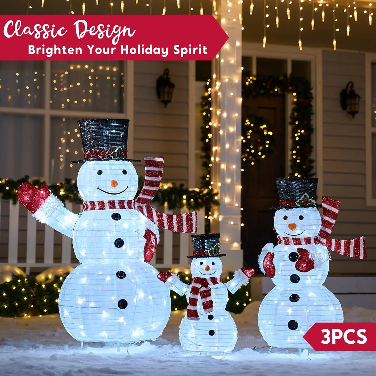 JOYFY 3 Pc 3D Christmas Collapsible Snowman Yard Light 270 PreLit LED Cool White Light for Christmas Indoor Outdoor Garden Décor