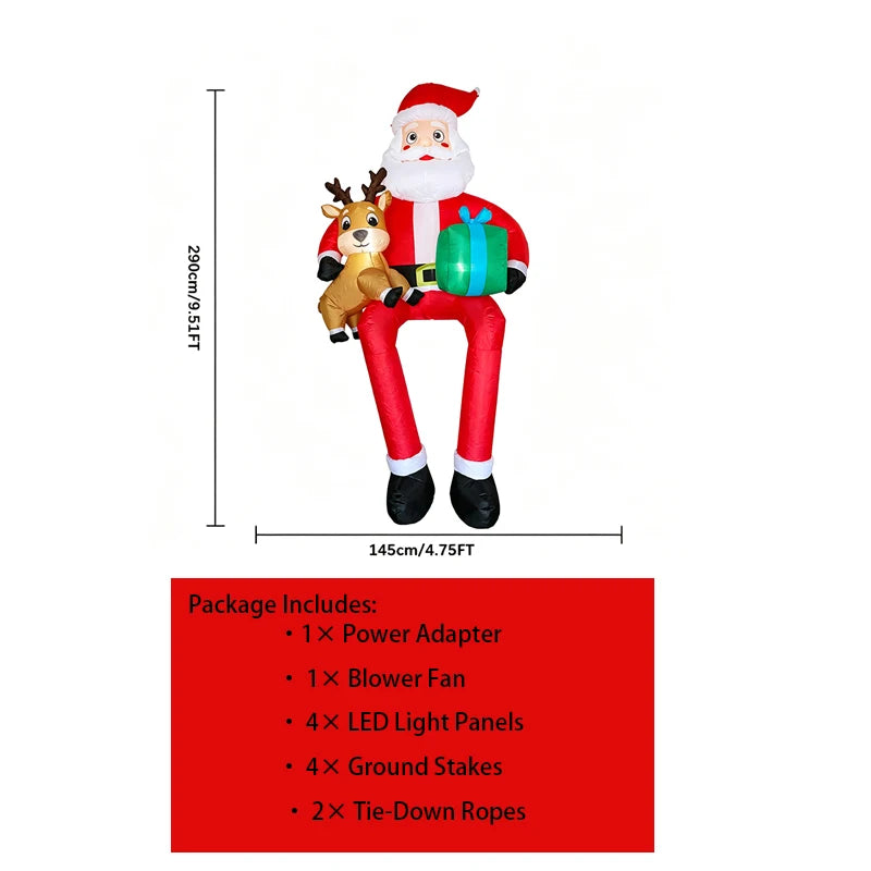 9.5ft Sitting Santa Claus Xmas Holiday Decoration Inflatable Sitting Santa Placed on the Roof Ledge Giant Reindeer Toy with LED Lights Home Ornament Gifts Supplies for Kids Blow up Yard Decorations for Roof Party Garden Lawn