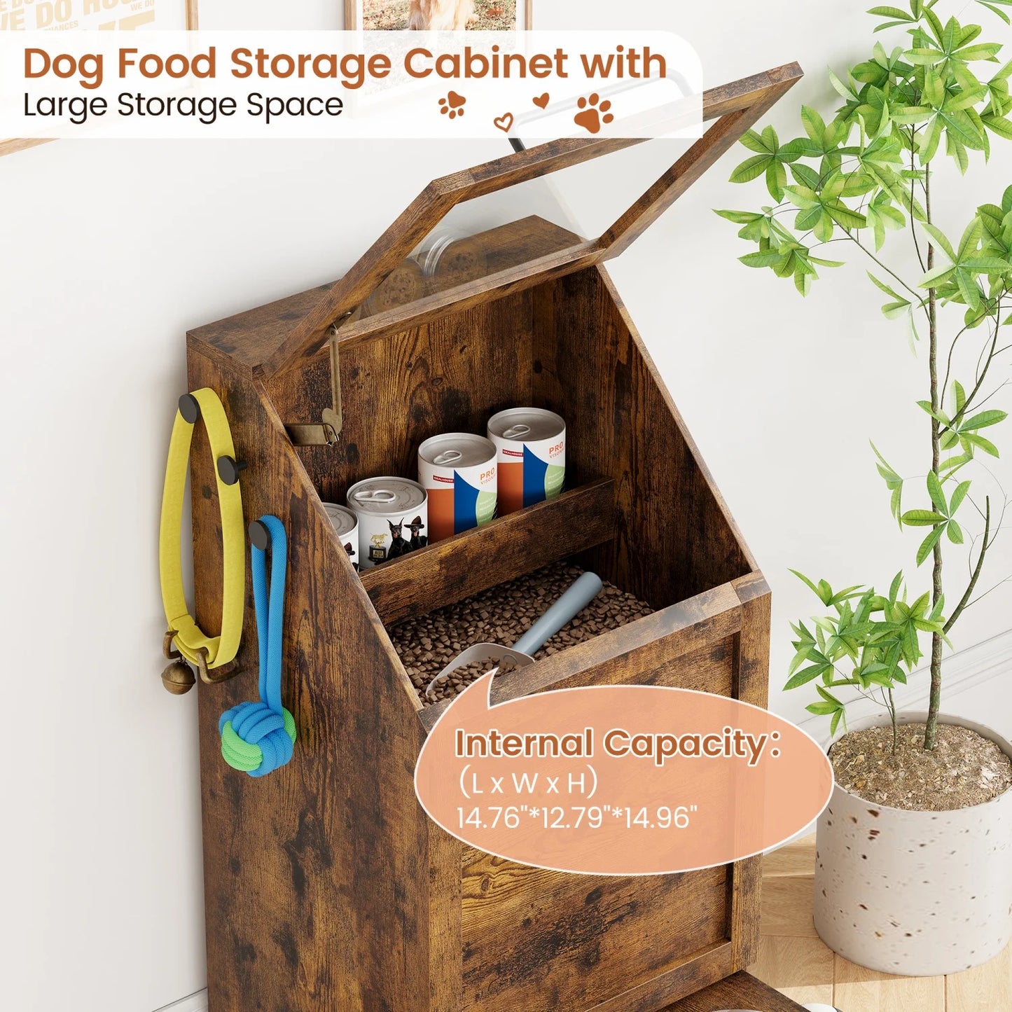 Pet Food Cabinet Flip Top Dog Food Storage Cabinet,Dog Feeding Station with 2 Elevated Bowls, Pet Toy Storage Organizer