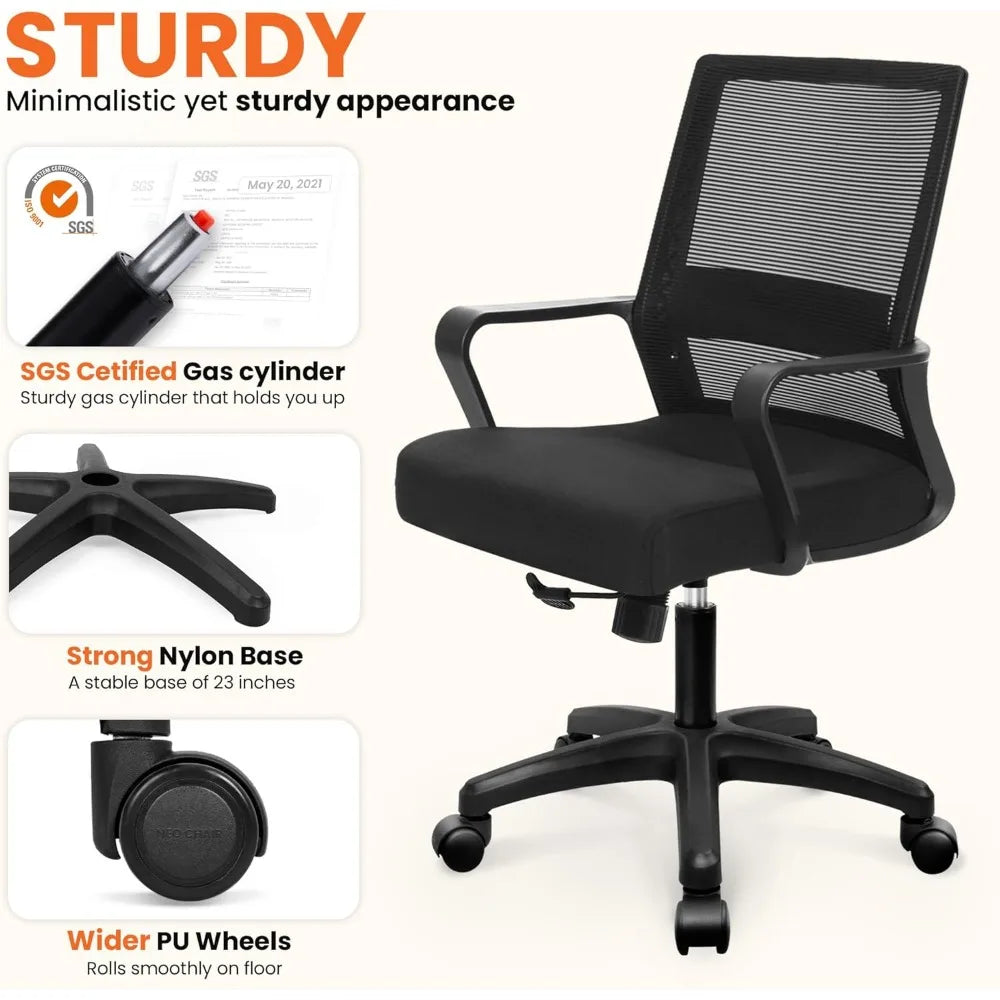Ergonomic Mid Back Mesh Swivel Office Chair with Wheels Lumbar Support Adjustable Comfy Home Desk Seating Black