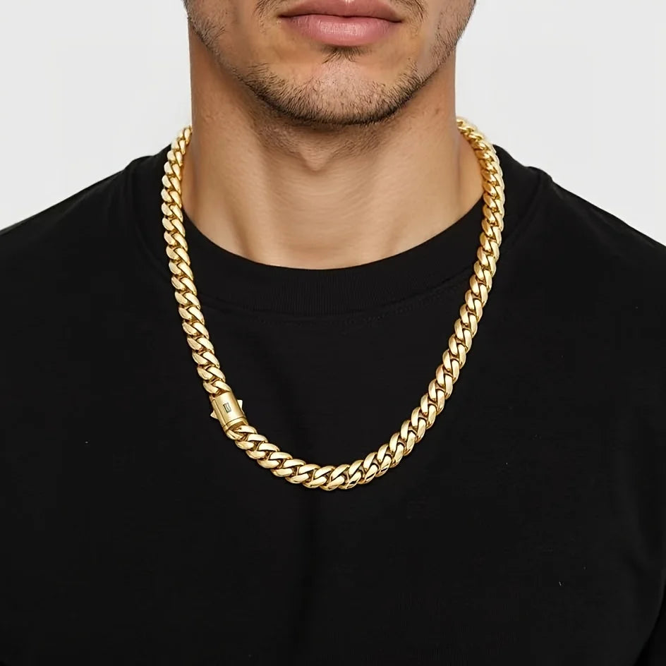 6-14mm wide Stainless Steel Cuban Miami Chains Necklaces  unisex Necklace Chain 316L 14K gold-plated Hip Hop Bracelet Gold Color