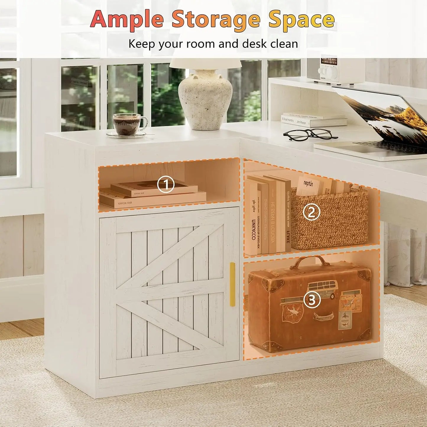 62.2" Farmhouse L Shaped Home Office Desk, Drawers, Storage Shelves & Power Outlet, Custom