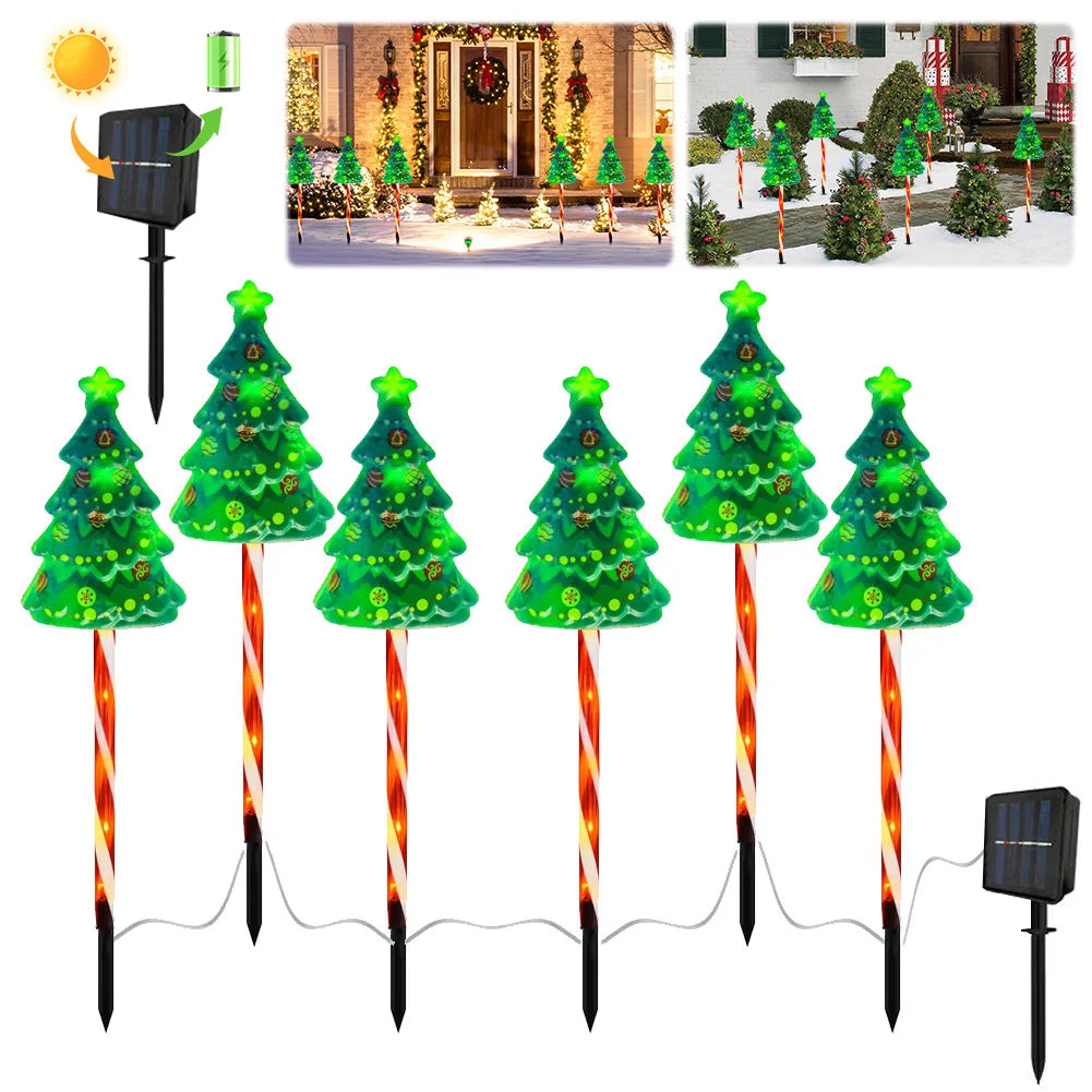 6 Pack Solar Xmas Tree Light 6 Modes Christmas Tree Light USB Rechargeable Decorative Pathway Light Auto On/Off for Garden Lawn