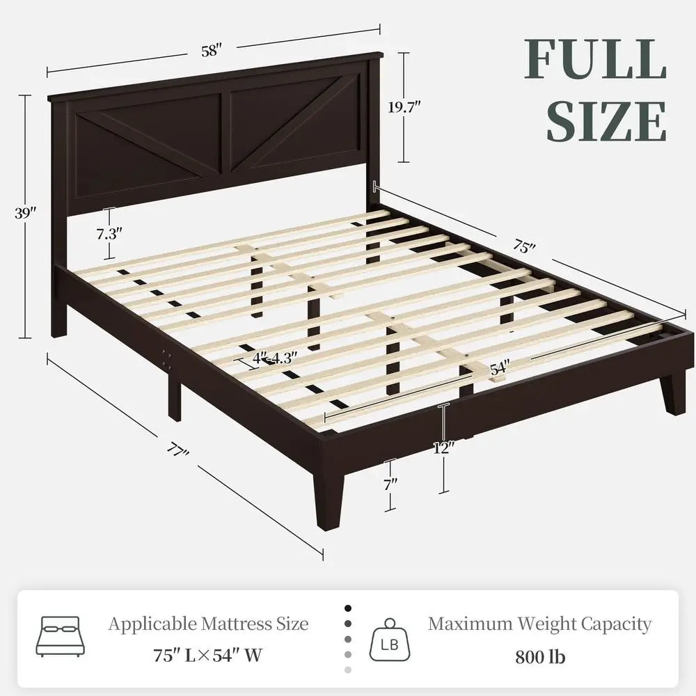 Full Size Espresso Wood Platform Bed Frame With Farmhouse Headboard 12 Slats