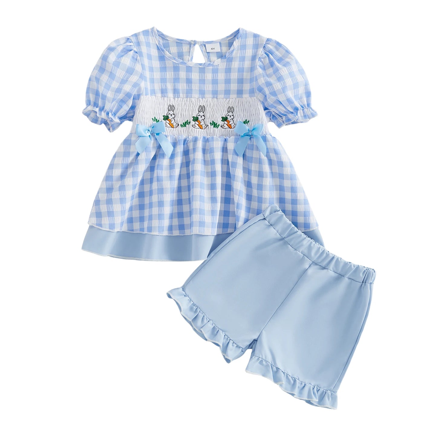 Adorable Girls Easter Outfit Set with Bunny Embroidery Plaid Shorts and Round Neck Top - Fashionable 2 Piece Ensemble