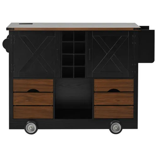 54"Kitchen Island with Drop Leaf, Power Outlet, Kitchen Storage Cart with 2 Doors, 2 Drawers, 4 Large Wheels