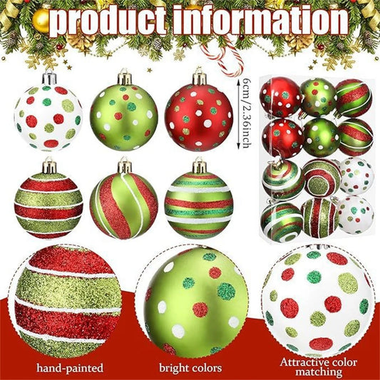 12pcs Christmas Ball Ornaments Glittering Plastic Hanging Decorations Balls Candy Cane Red And Green Christmas Tree Pendants