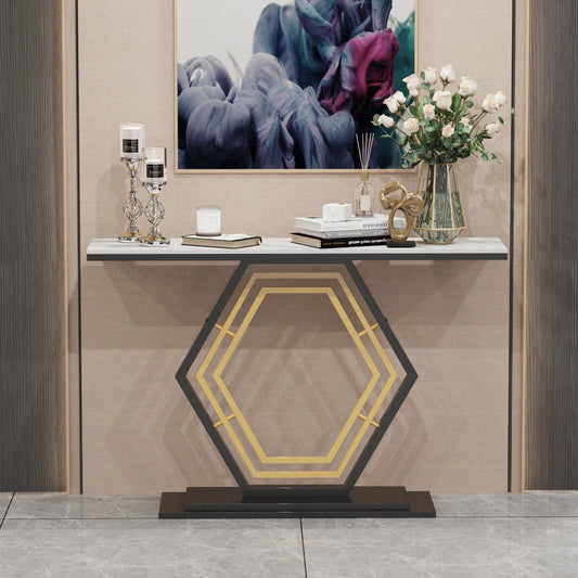 Narrow Modern Metal Console Table With Sintered Stone Top for Entryway