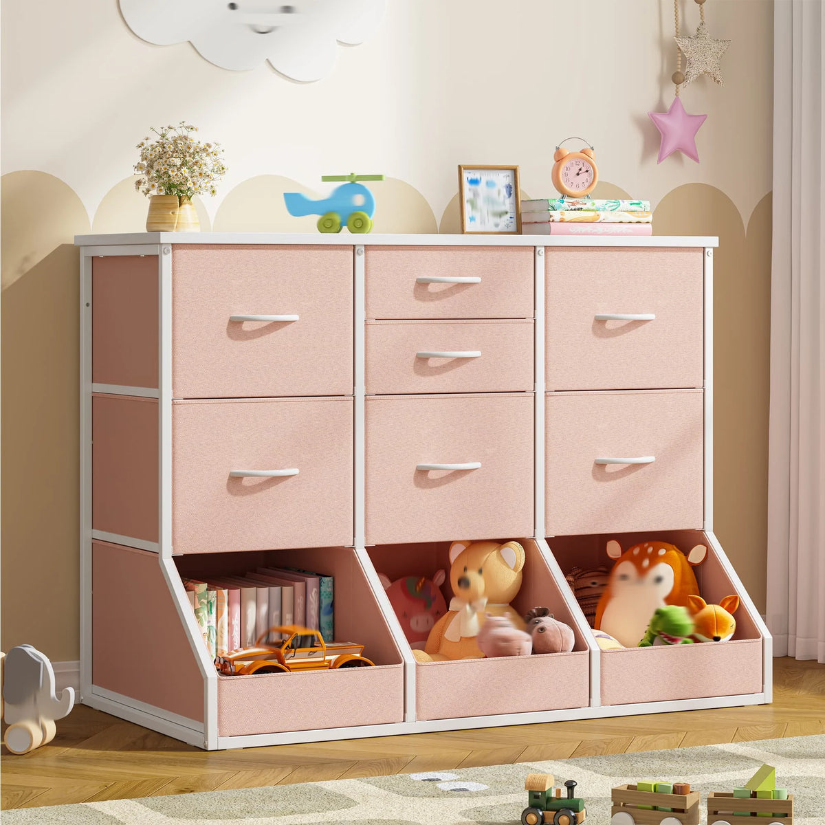 EnHomee 10-Storage Fabric Dresser – 7 Drawers & 3 Open Compartments, Wood Top & Metal Frame – 39.3"W x 17.7"D x 31.5"H – For Bedroom, Entryway, Hallway