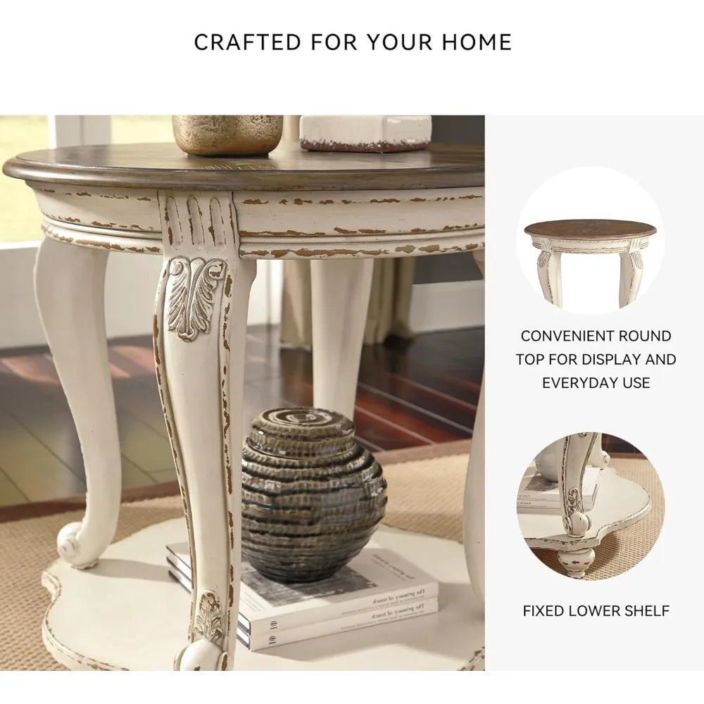realyn french country two tone round end table, chipped white