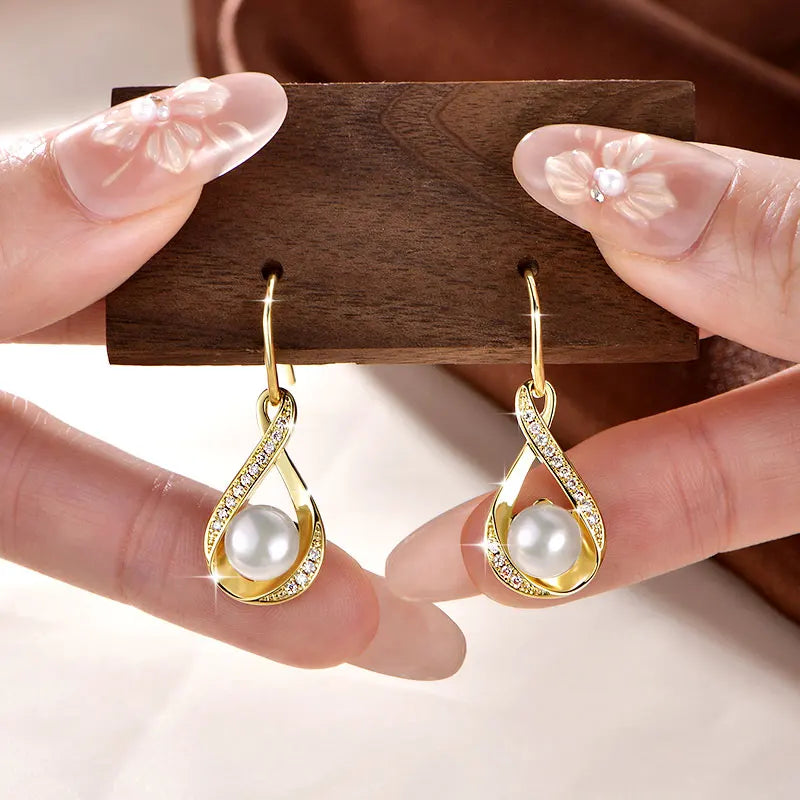 OXTAO Infinity D Moissanite Dangle Hook Earrings for Women 8mm Natural Freshwater Pearl Earrings Wedding Jewelry Gift 14K Gold Filled