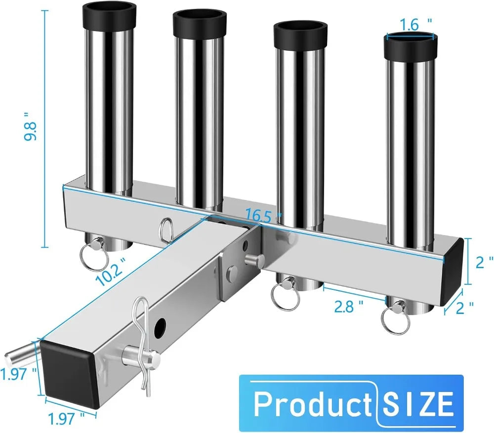 Stainless Steel Hitch Fishing Rod Holder for 2" Receivers, 4 Tube Rack with Quick Release Pin, Adjustable Truck Rod Holder