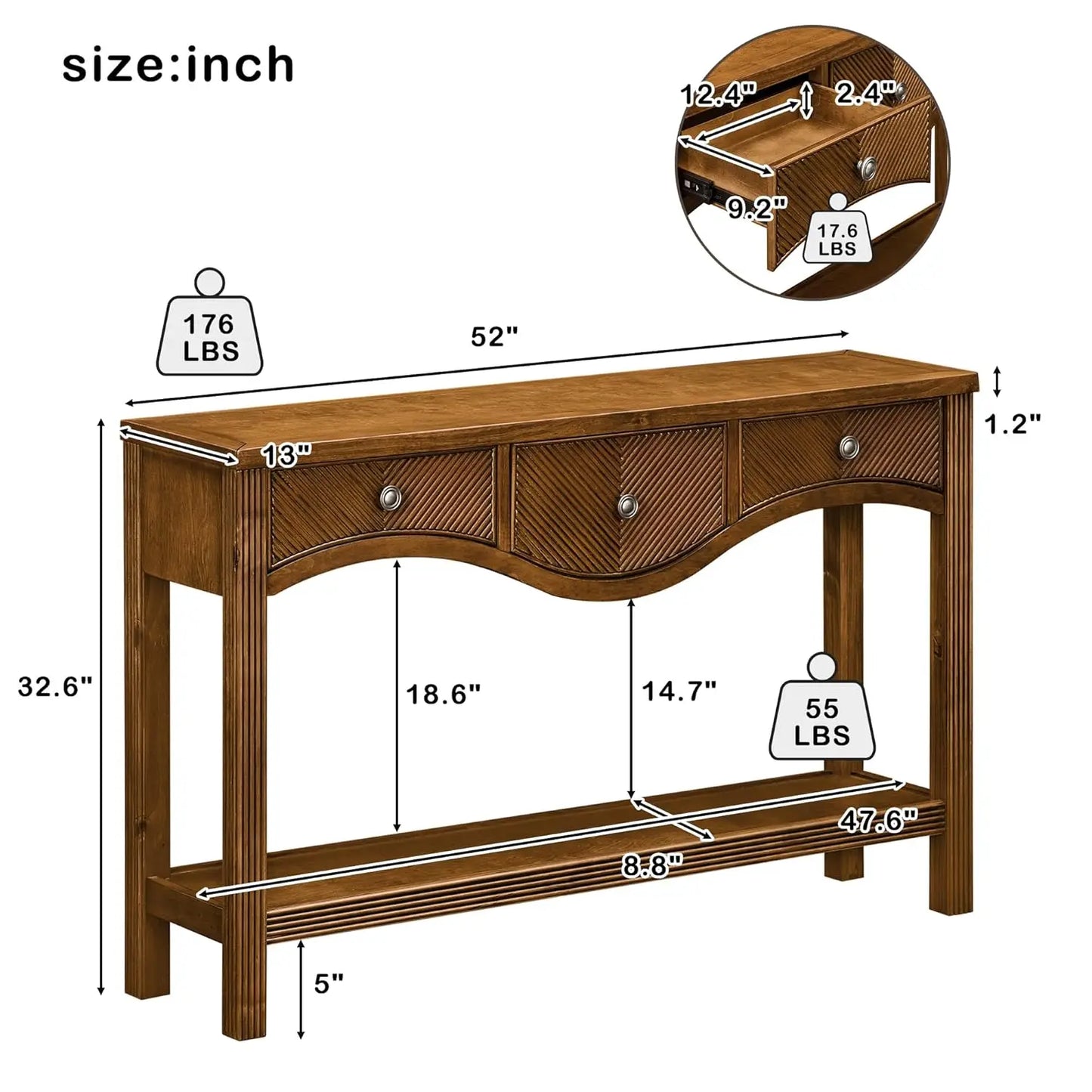 52" Fluted Solid Wood Veneer Console Table with 3 Drawers, Retro Entryway Sofa Table with Scalloped Edge & Solid, Customized