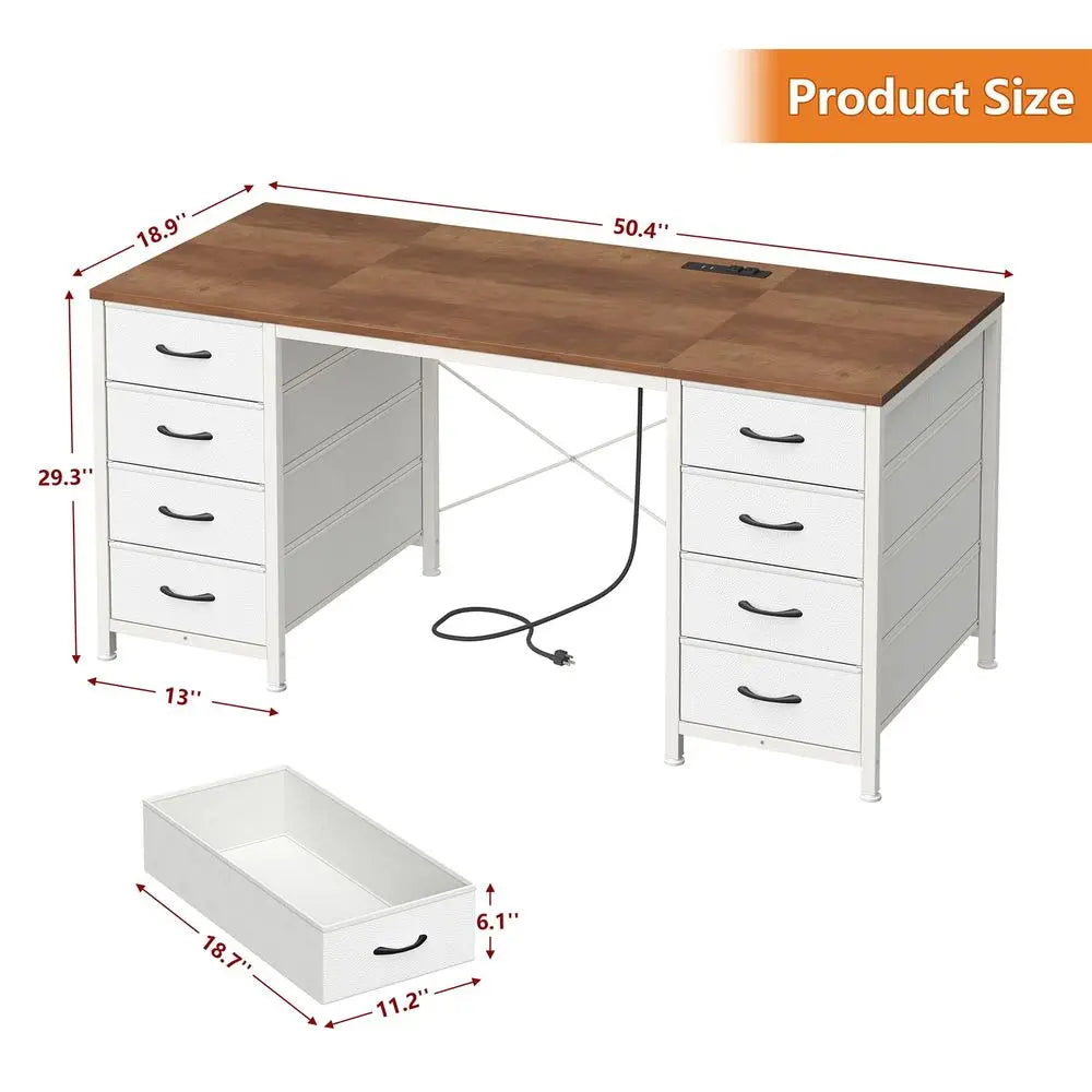 L Shaped Computer Desk with 8 Drawers and Power Outlets for Home Office