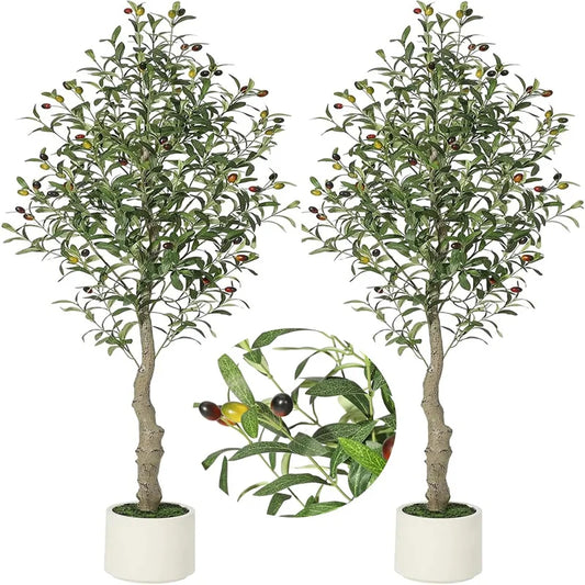 2 Pack Faux Olive Tree Tall,Olive Trees Artificia Indoor with White Planter and Green Moss,Lifelike Artificial Tree,for Home