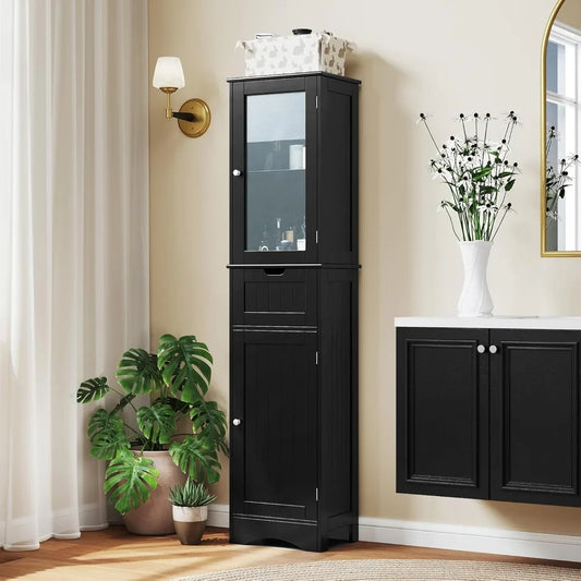 all Bathroom Storage Cabinet, Slim Freestanding Tower w/ 2 Doors & 1 Drawer, Narrow Floor Cabinet w/Adjustable