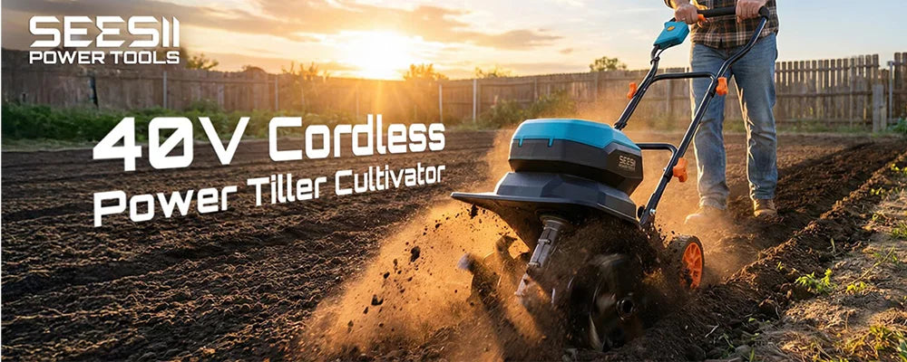 Seesii 40V 12"Electric Tiller Cultivator Lawn Weeding Soil Cultivation Cordless Rototiller for Garden for Makita 18V battery pin