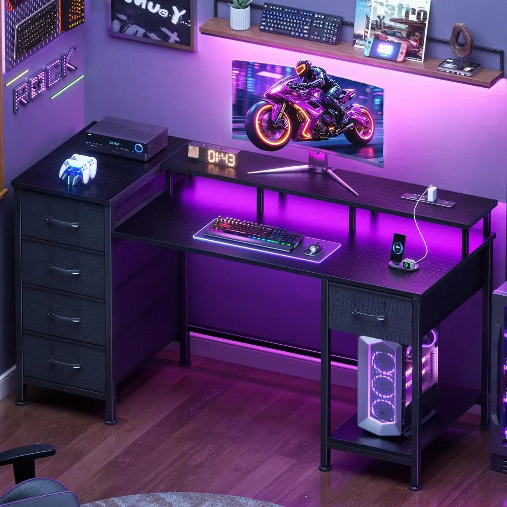 47 Inch L Shaped Gaming Desk With LED Lights Power Outlets And 5 Fabric Drawers