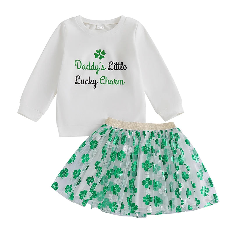 Girls 2-Piece Set Long Sleeve Shamrock Print Sweatshirt and Puffy Gauze Skirt - St Patrick s Day Outfit for Little Princesses
