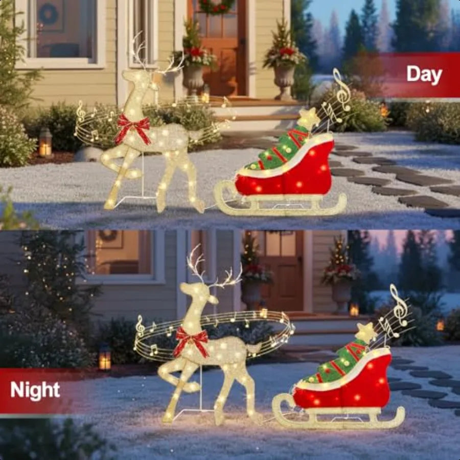 EAMBRITE Christmas Decorations Outdoor 42 Inch Christmas Reindeer Sled with 117 Warm White Lights Motion Sensor 2D Music Lighte