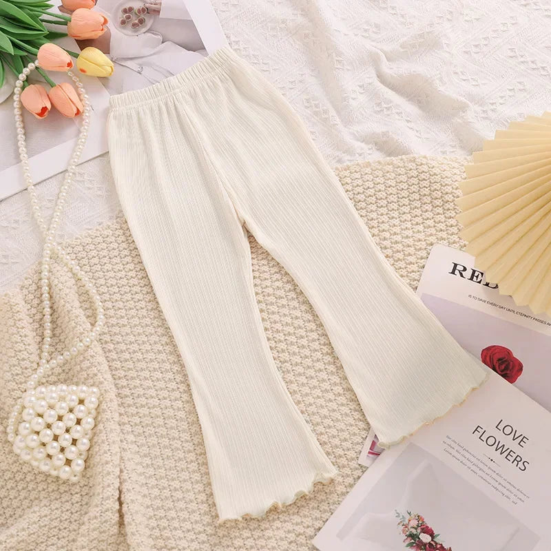 Children Summer Solid Color Thin Ribbed Knit Flared Pants Girls Casual Trousers Korea Fashion Pants Girl Princess Style Capris