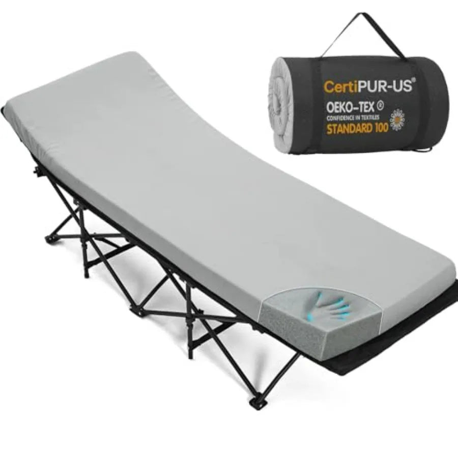 Camping Cot Mattress: 2in Memory Foam Sleeping Pad for Outdoor Use, Soft Warm Gray Non-Slip Topper with Retaining Edge, Portabl