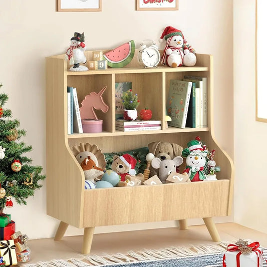 Kids Bookshelf and Toy Storage, 3-Tier Wooden Bookcase, Baby Book and Toy Storage Display Organizer with Spacious Top Shelf for