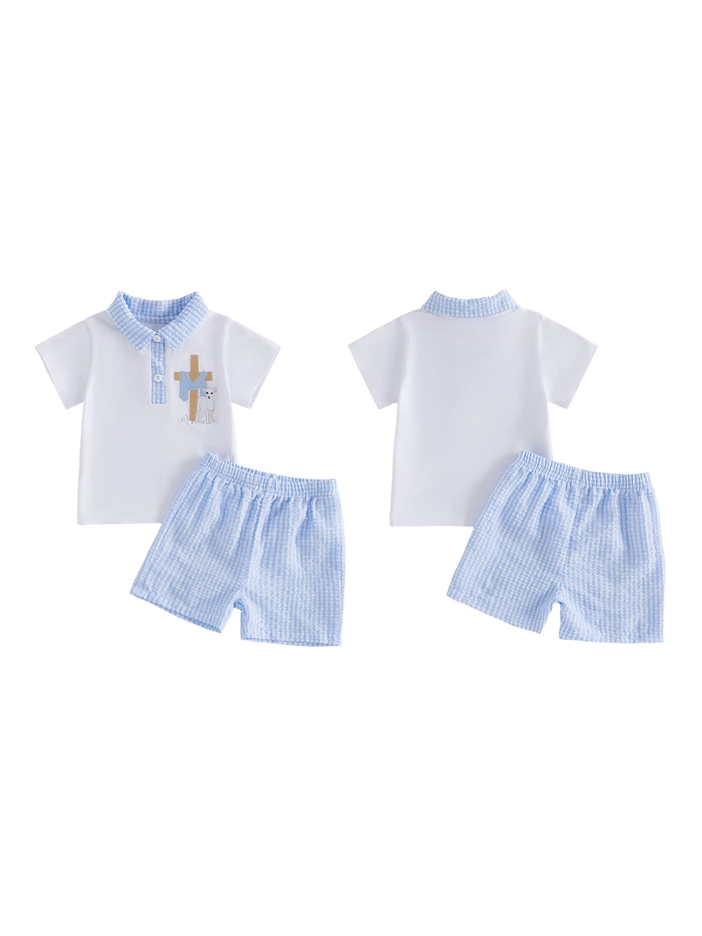 Baby Boy Easter Outfit Bunny Rabbit Embroidered Short Sleeve  Shirt and Denim Shorts 2 Piece Summer Set for Toddler