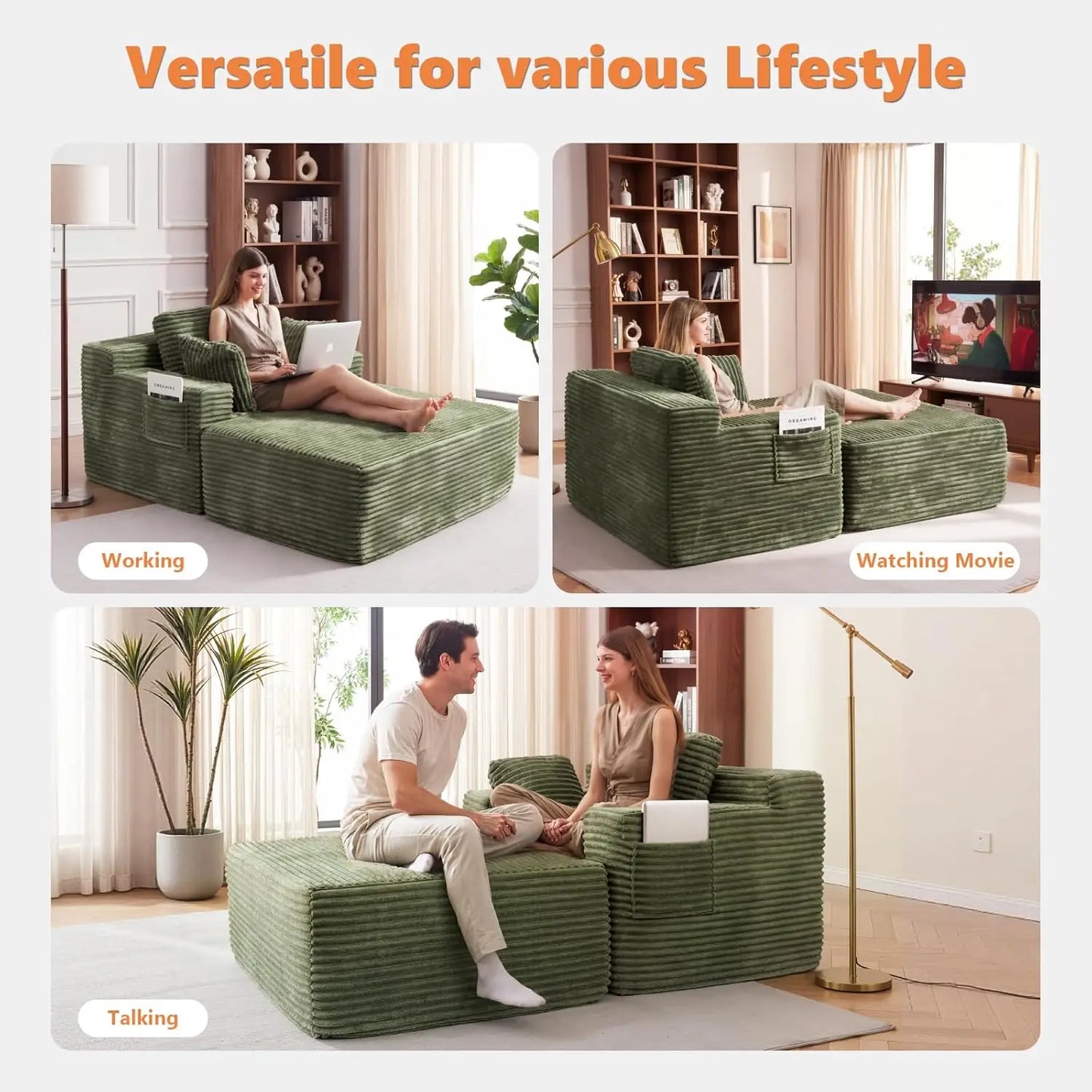 Boneless Chaise Lounge, 75" Oversized Chase Lounger Chair with Ottoman&Side Pockets, Corduroy Deep Seat Couch for, Customized
