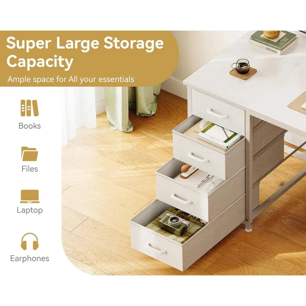 48 Inch White L Shaped Computer Desk with 8 Fabric Drawers for Home Office